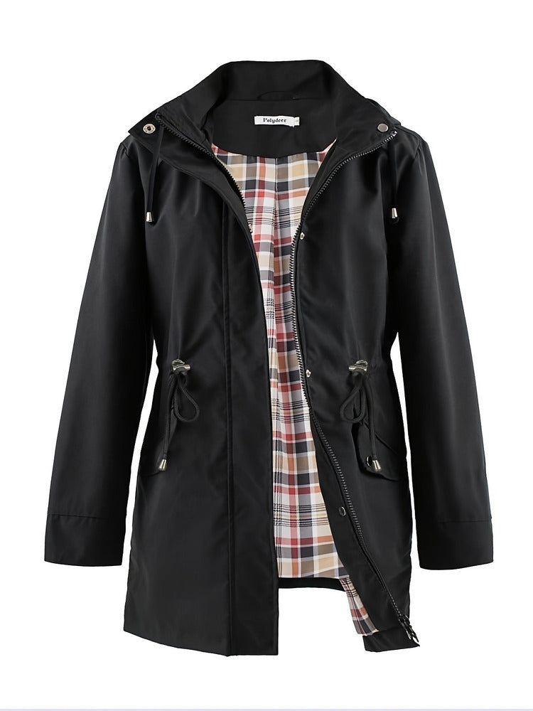 Women's plus size hooded parka jacket with drawstring waist and checked lining