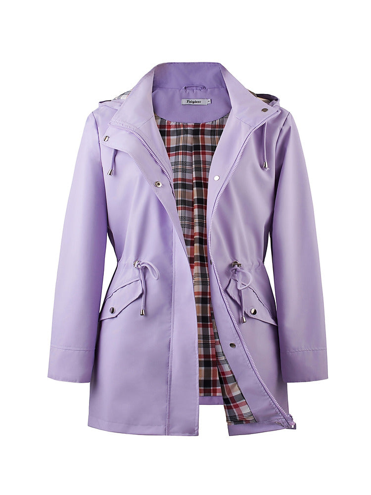 Women's plus size hooded parka jacket with drawstring waist and checked lining