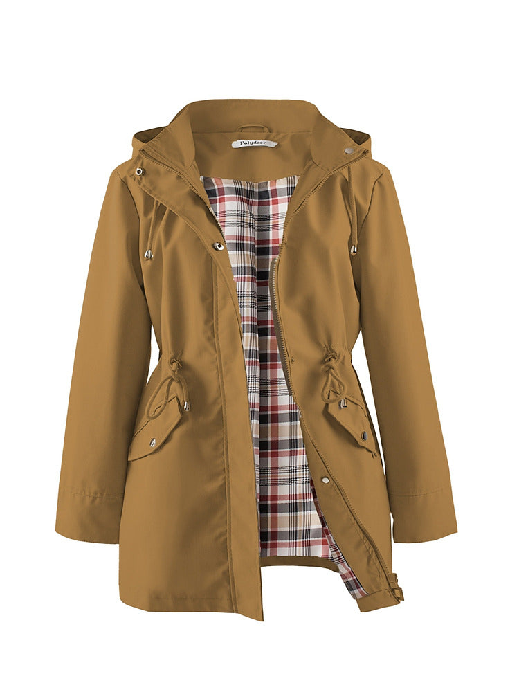 Women's plus size hooded parka jacket with drawstring waist and checked lining