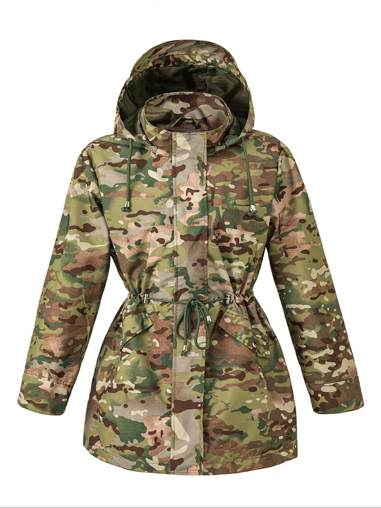Women's plus size hooded parka jacket with drawstring waist and checked lining