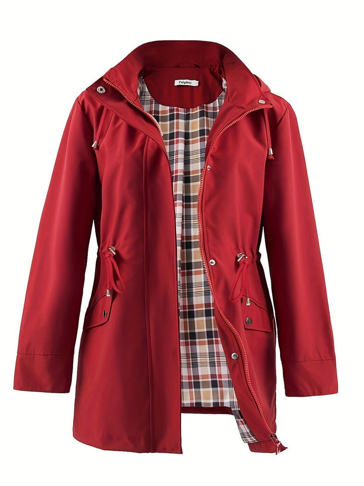 Women's plus size hooded parka jacket with drawstring waist and checked lining