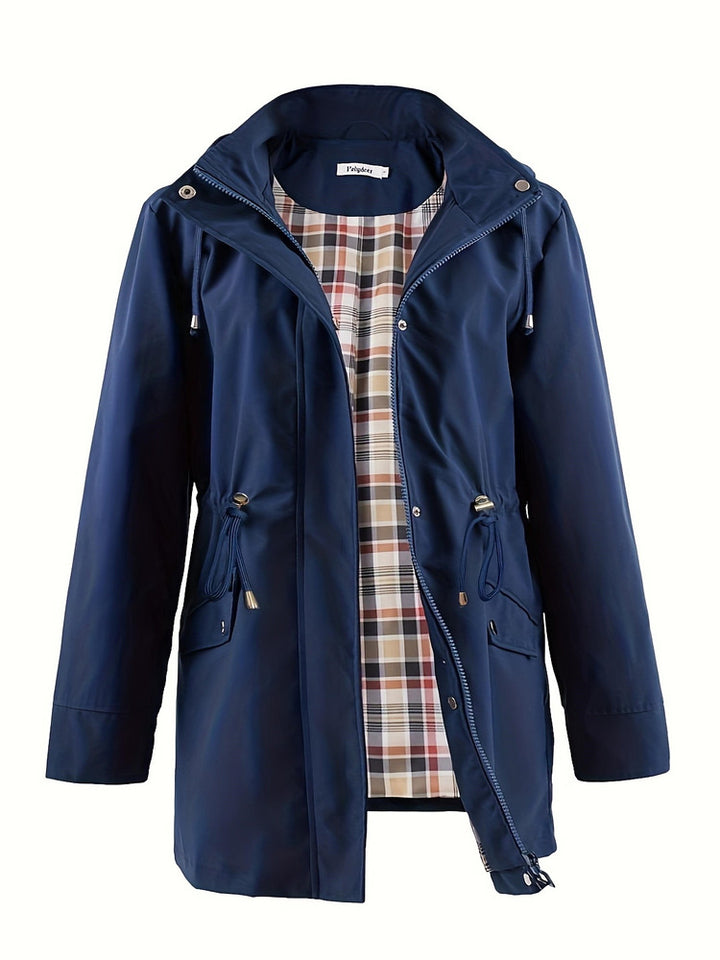 Women's plus size hooded parka jacket with drawstring waist and checked lining