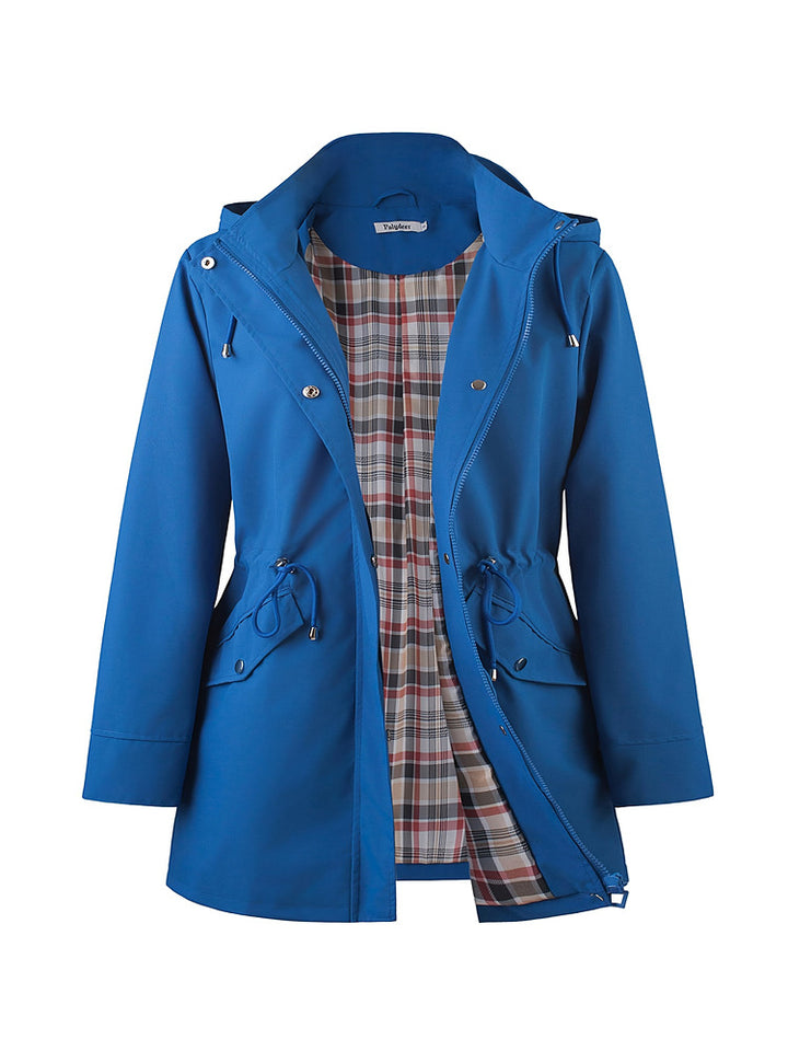 Women's plus size hooded parka jacket with drawstring waist and checked lining