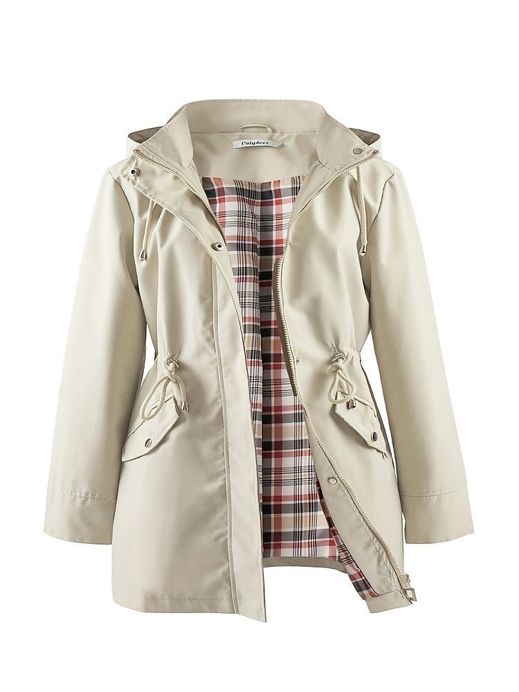 Women's plus size hooded parka jacket with drawstring waist and checked lining