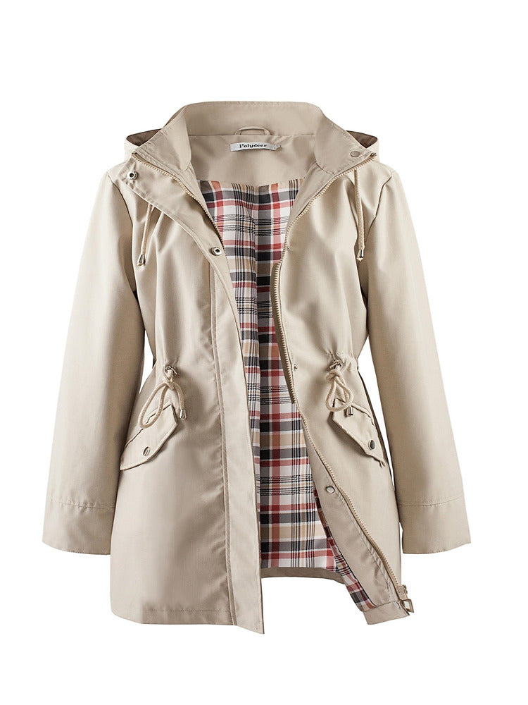Women's plus size hooded parka jacket with drawstring waist and checked lining