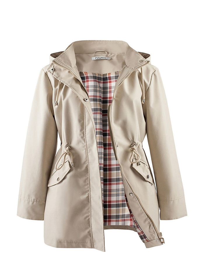 Women's plus size hooded parka jacket with drawstring waist and checked lining