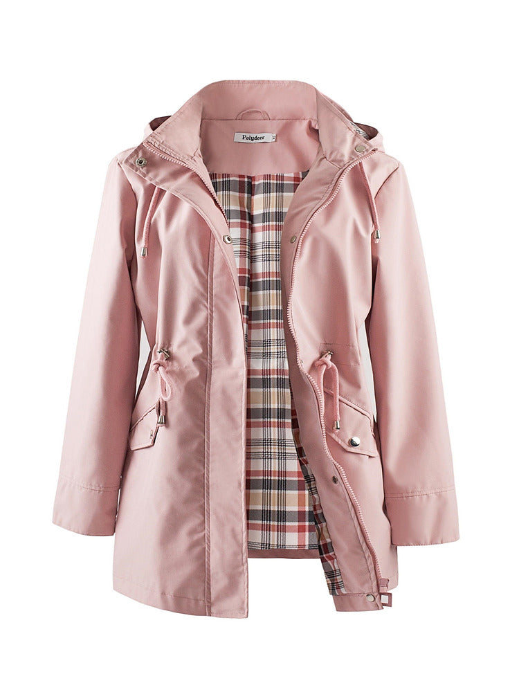 Women's plus size hooded parka jacket with drawstring waist and checked lining