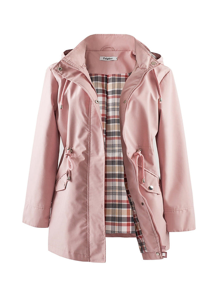 Women's plus size hooded parka jacket with drawstring waist and checked lining
