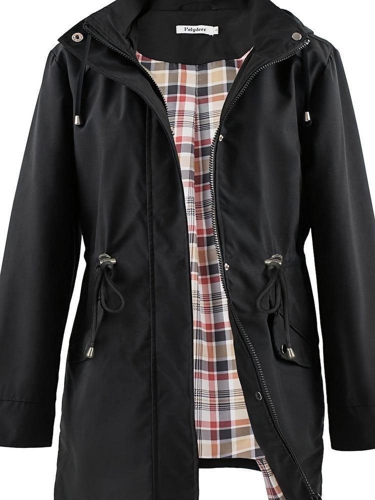 Women's plus size hooded parka jacket with drawstring waist and checked lining