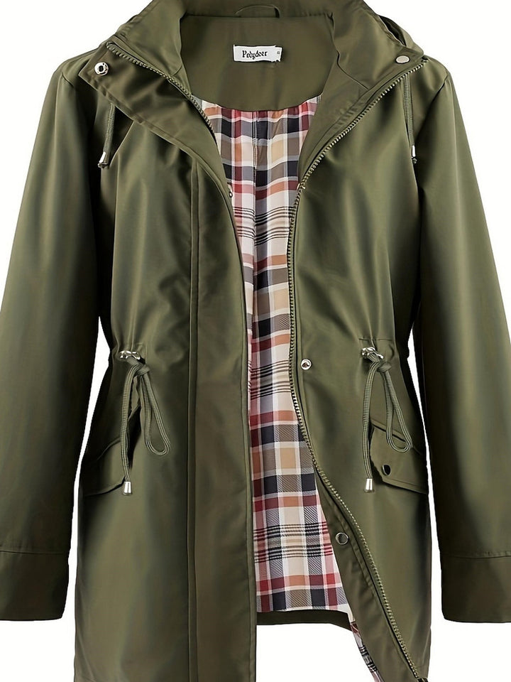 Women's plus size hooded parka jacket with drawstring waist and checked lining