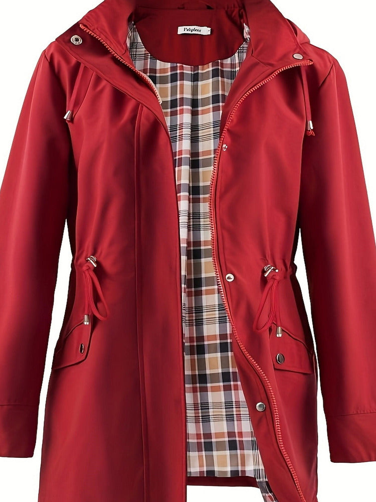 Women's plus size hooded parka jacket with drawstring waist and checked lining