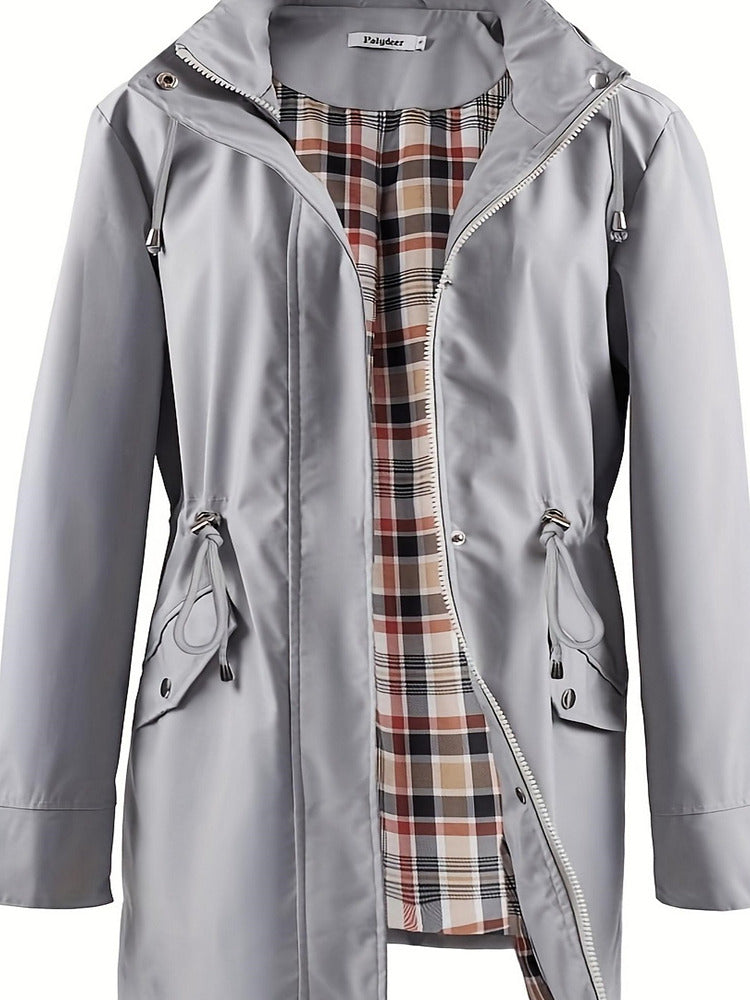 Women's plus size hooded parka jacket with drawstring waist and checked lining