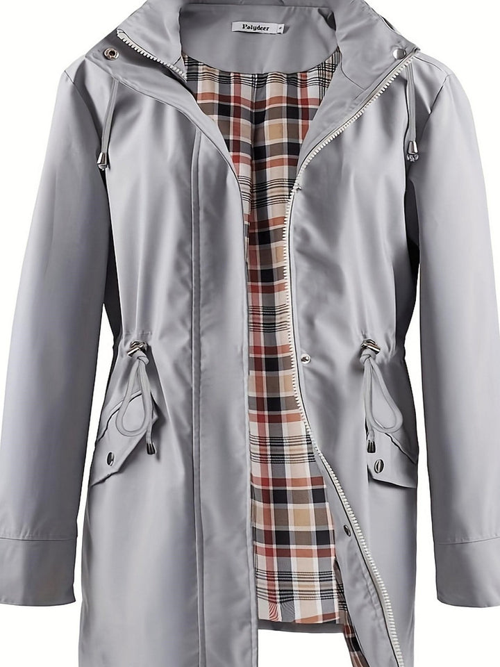 Women's plus size hooded parka jacket with drawstring waist and checked lining