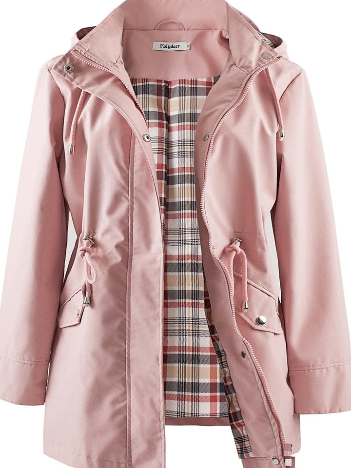 Women's plus size hooded parka jacket with drawstring waist and checked lining