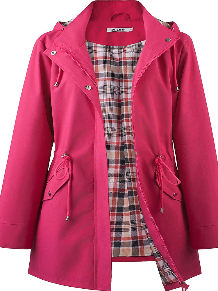 Women's plus size hooded parka jacket with drawstring waist and checked lining