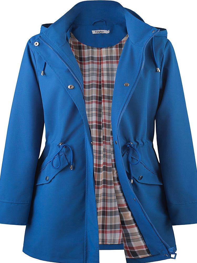 Women's plus size hooded parka jacket with drawstring waist and checked lining