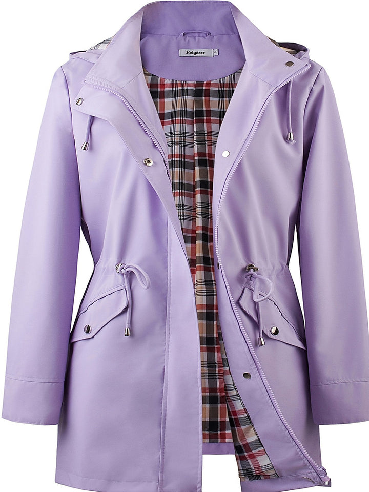 Women's plus size hooded parka jacket with drawstring waist and checked lining