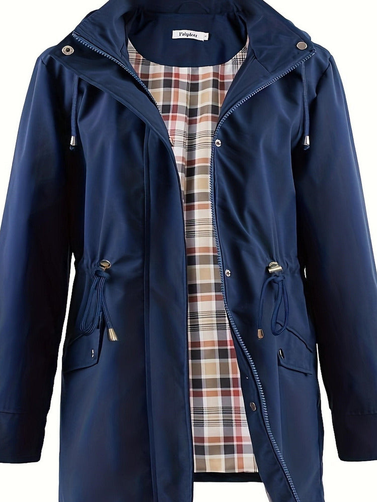 Women's plus size hooded parka jacket with drawstring waist and checked lining