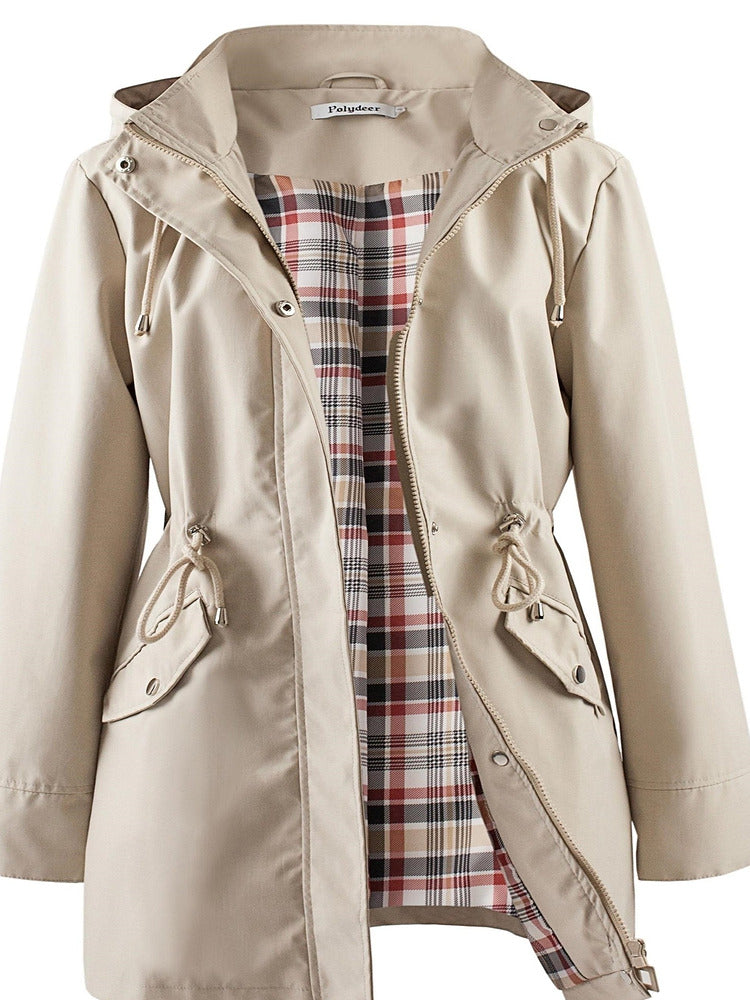 Women's plus size hooded parka jacket with drawstring waist and checked lining