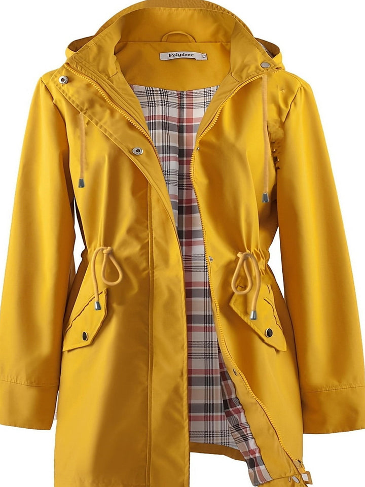 Women's plus size hooded parka jacket with drawstring waist and checked lining