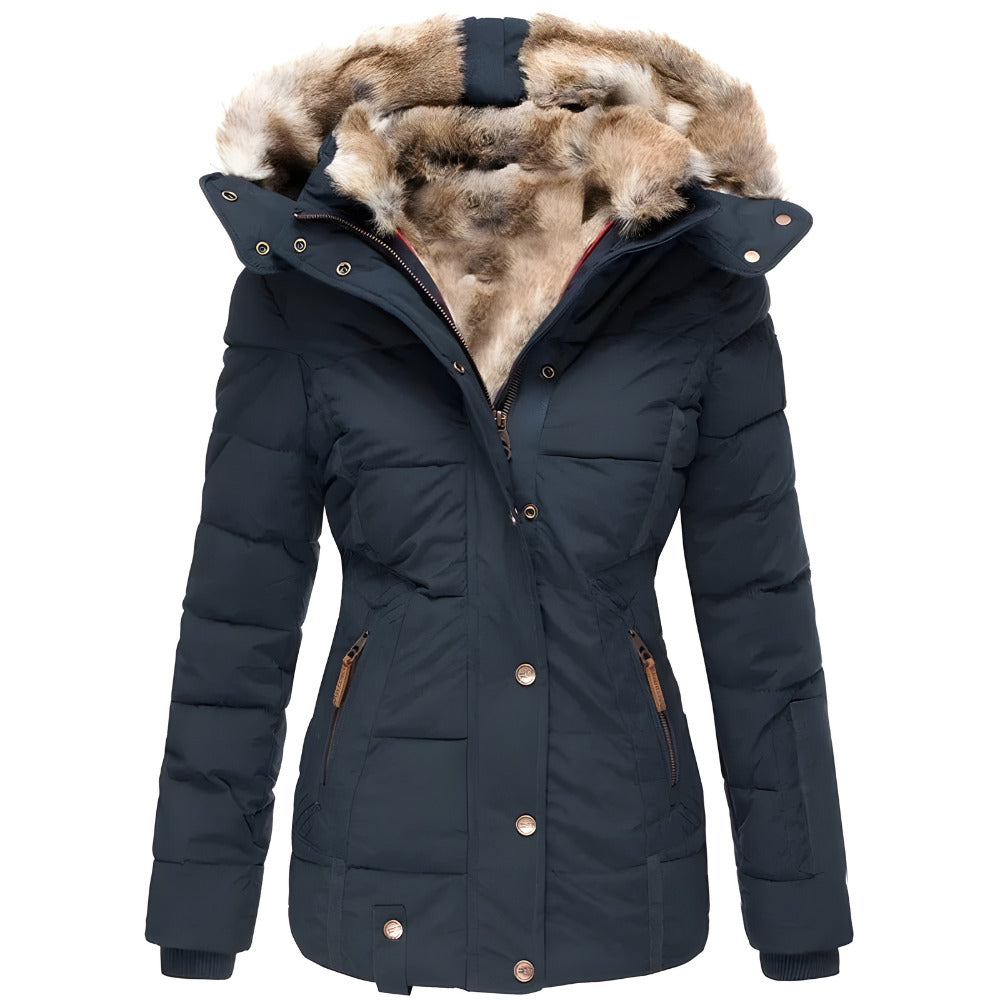 Women's Hooded Quilted Winter Jacket - navy blue