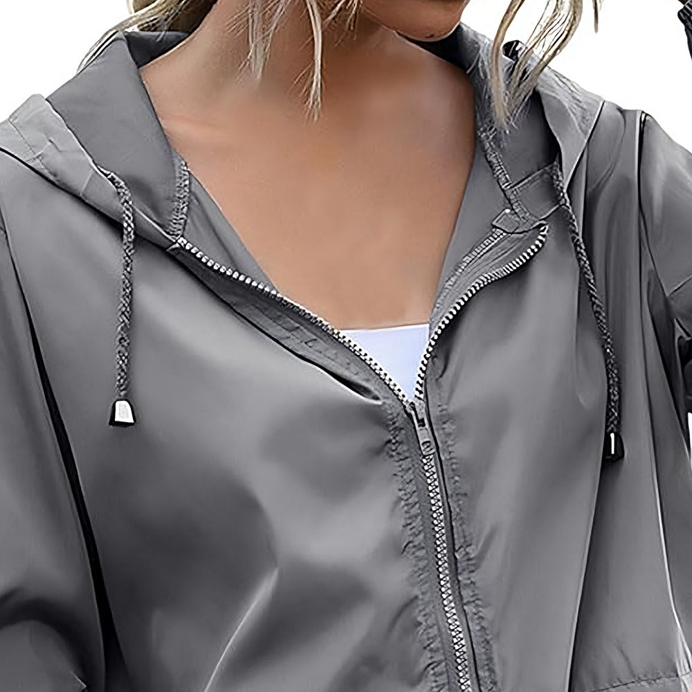 Women's Lightweight Hooded Rain Jacket - hood and zip detail