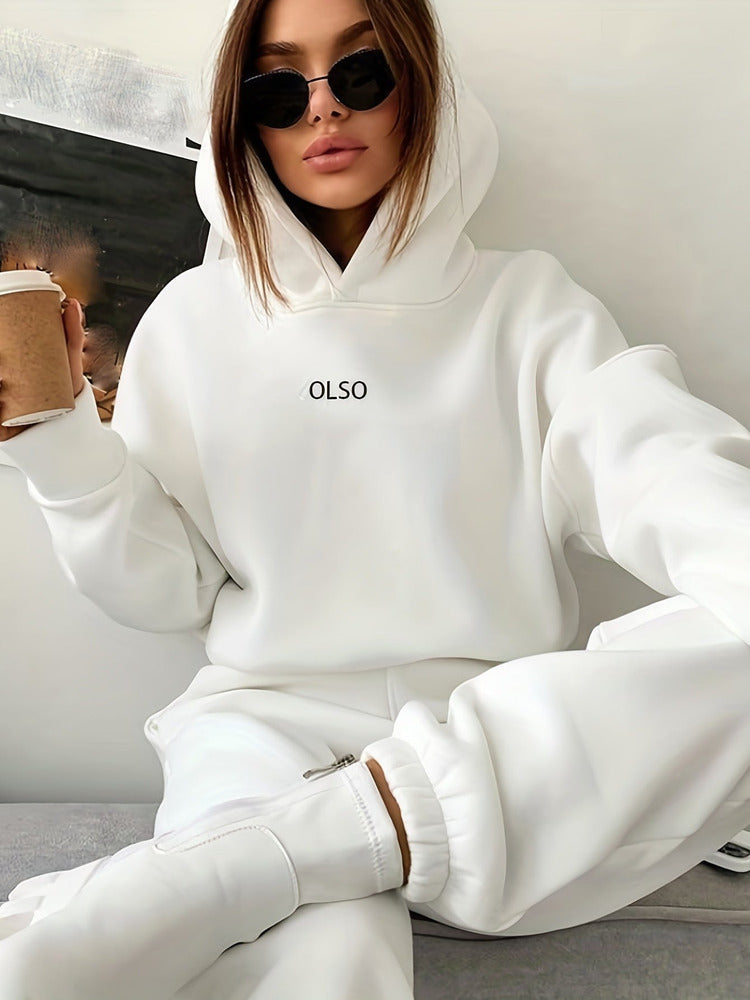 Women's hooded sweatshirt and jogger set in cream