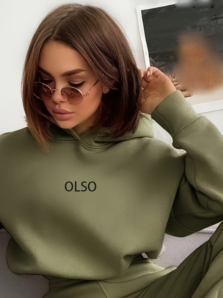 Women's hooded sweatshirt and jogger set in olive green