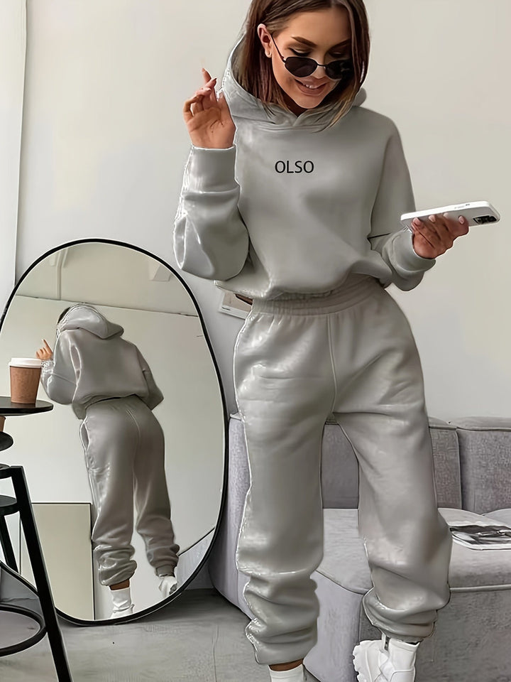 Women's hooded sweatshirt and jogger set in silver grey
