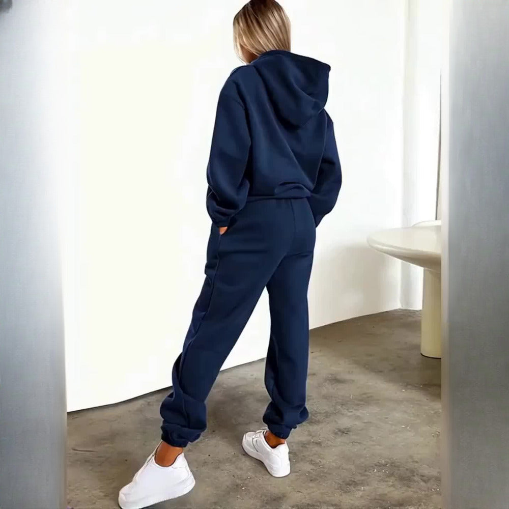 Women's hooded tracksuit set in navy, back view