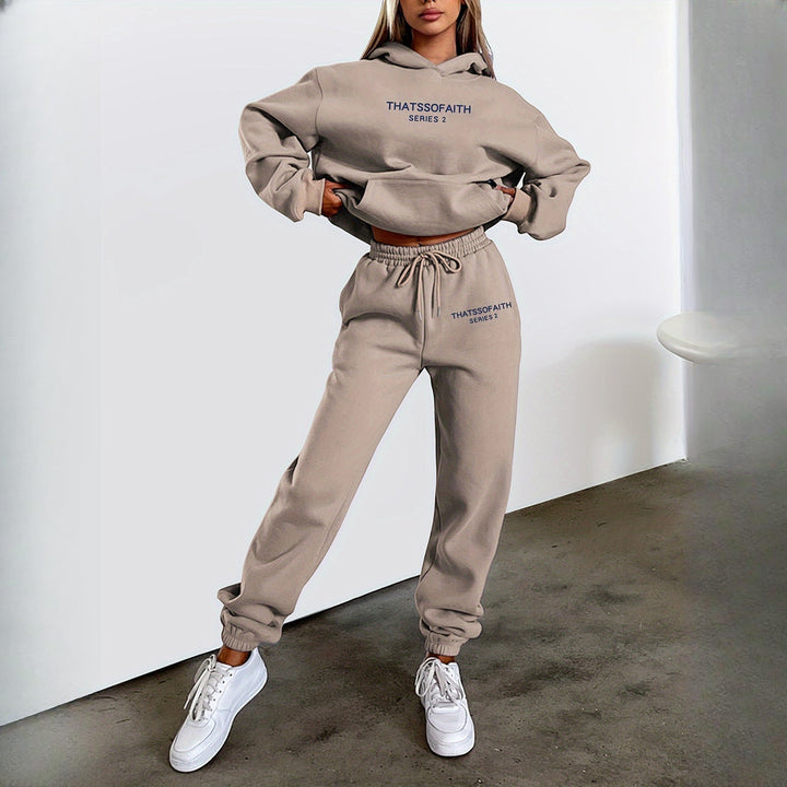 Women's hooded tracksuit set in taupe, worn on model