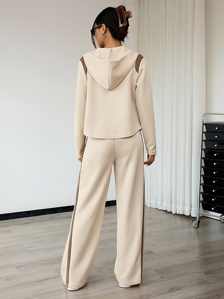 Women's hooded zip top and wide-leg trouser set with contrast side stripe