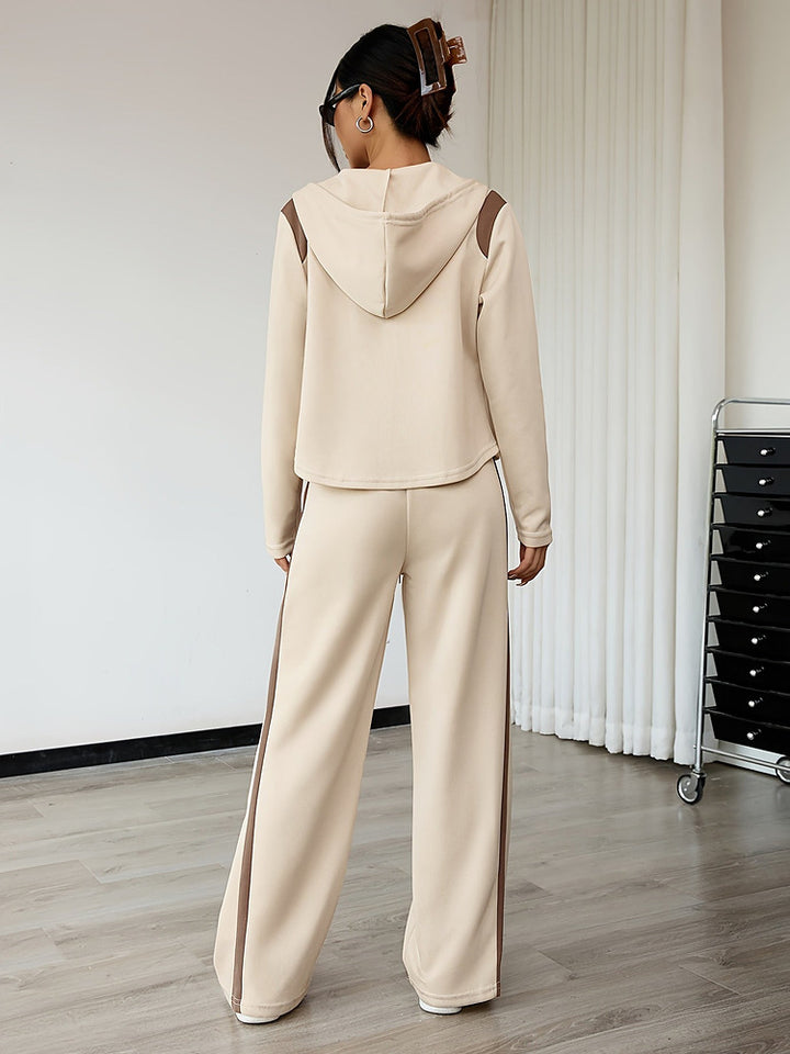 Women's hooded zip top and wide-leg trouser set with contrast side stripe