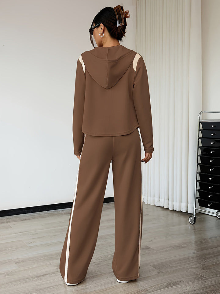 Women's hooded zip top and wide-leg trouser set with contrast side stripe