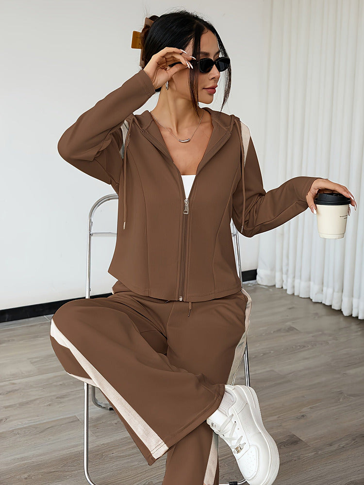 Women's hooded zip top and wide-leg trouser set with contrast side stripe