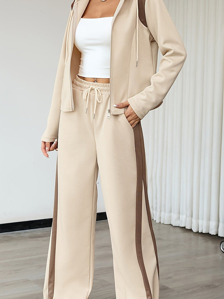 Women's hooded zip top and wide-leg trouser set with contrast side stripe