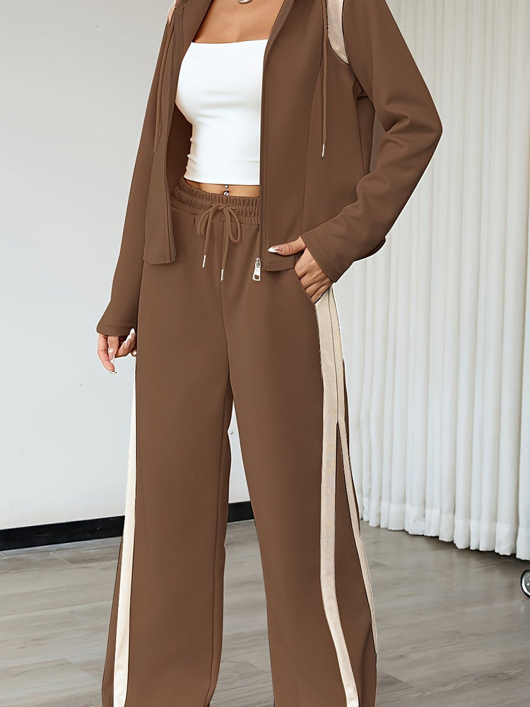 Women's hooded zip top and wide-leg trouser set with contrast side stripe