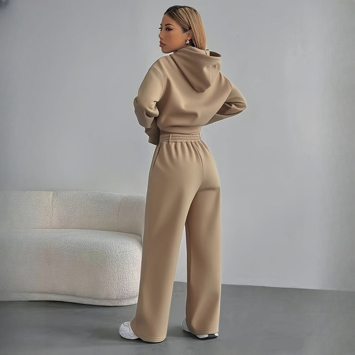 Women's hoodie and wide-leg trousers set in beige, back view