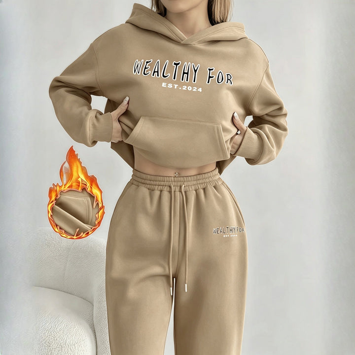 Women's hoodie and wide-leg trousers set in beige, front view