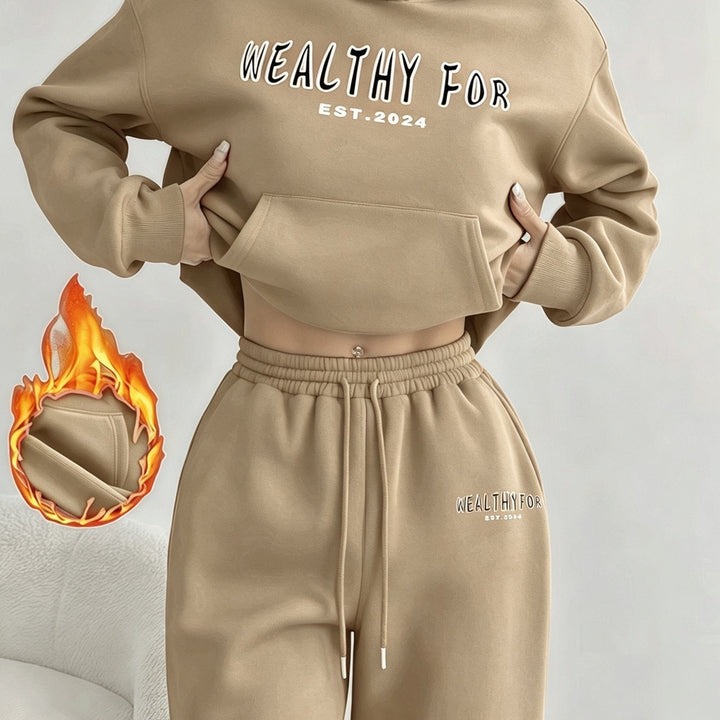 Women's hoodie and wide-leg trousers set in beige