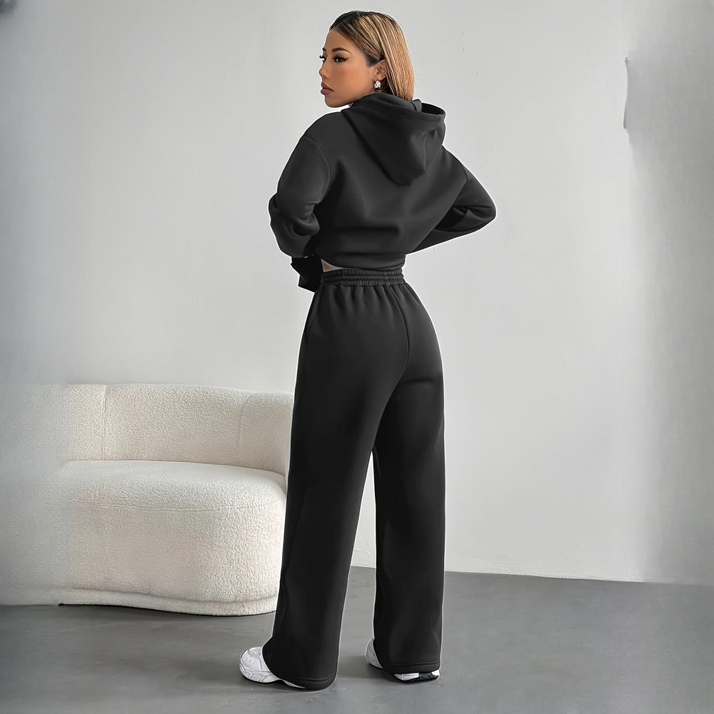 Women's hoodie and wide-leg trousers set in black, back view
