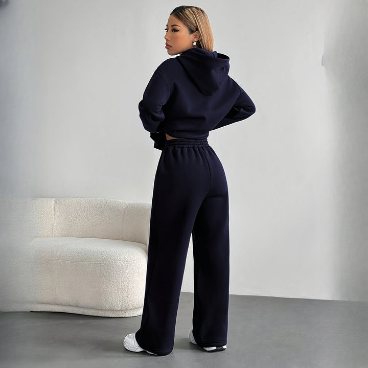 Women's hoodie and wide-leg trousers set in navy, back view