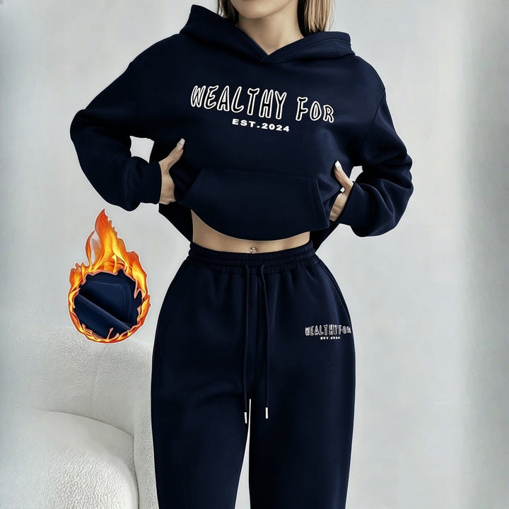 Women's hoodie and wide-leg trousers set in navy, front view
