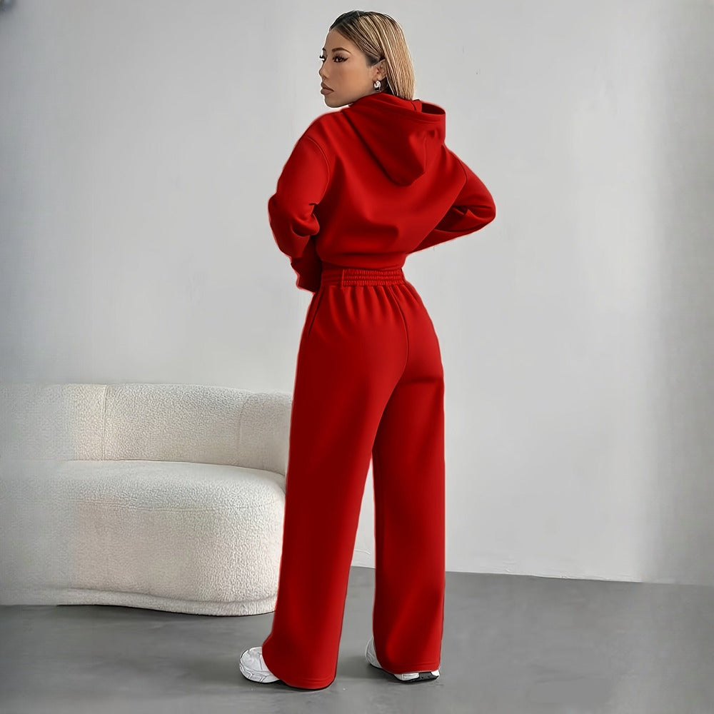 Women's hoodie and wide-leg trousers set in red, back view
