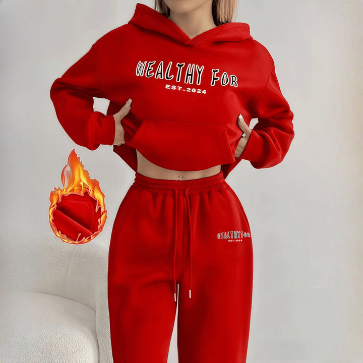 Women's hoodie and wide-leg trousers set in red, front view