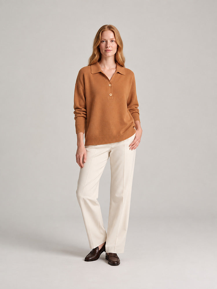 Women's knitted collared jumper with a button placket in brown