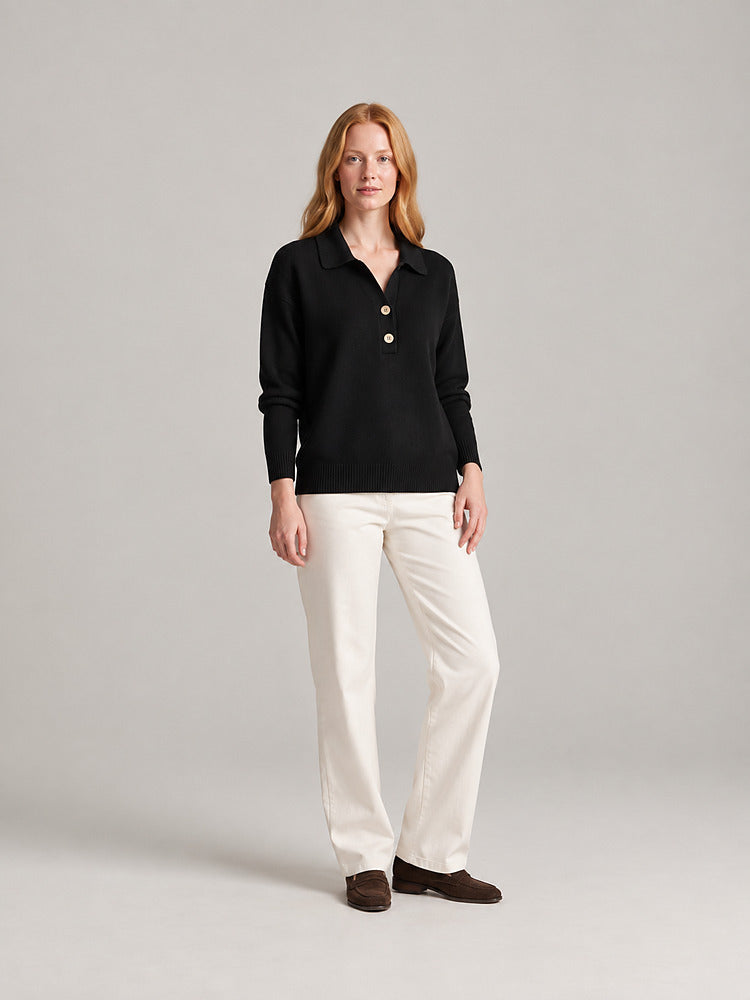Women's knitted collared jumper with a button placket in black
