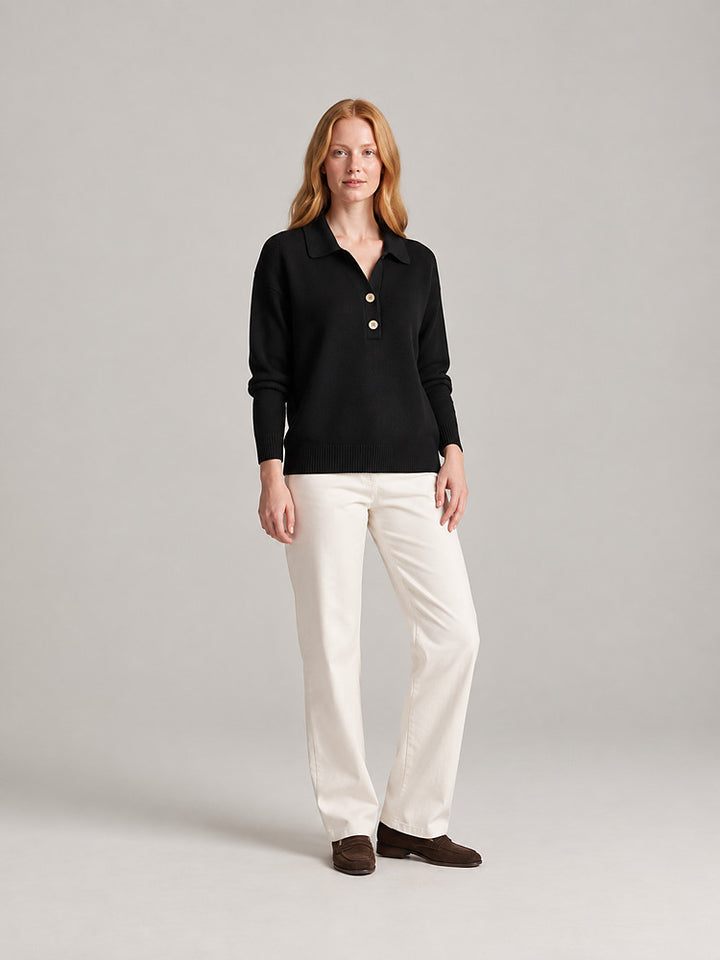 Women's knitted collared jumper with a button placket in black