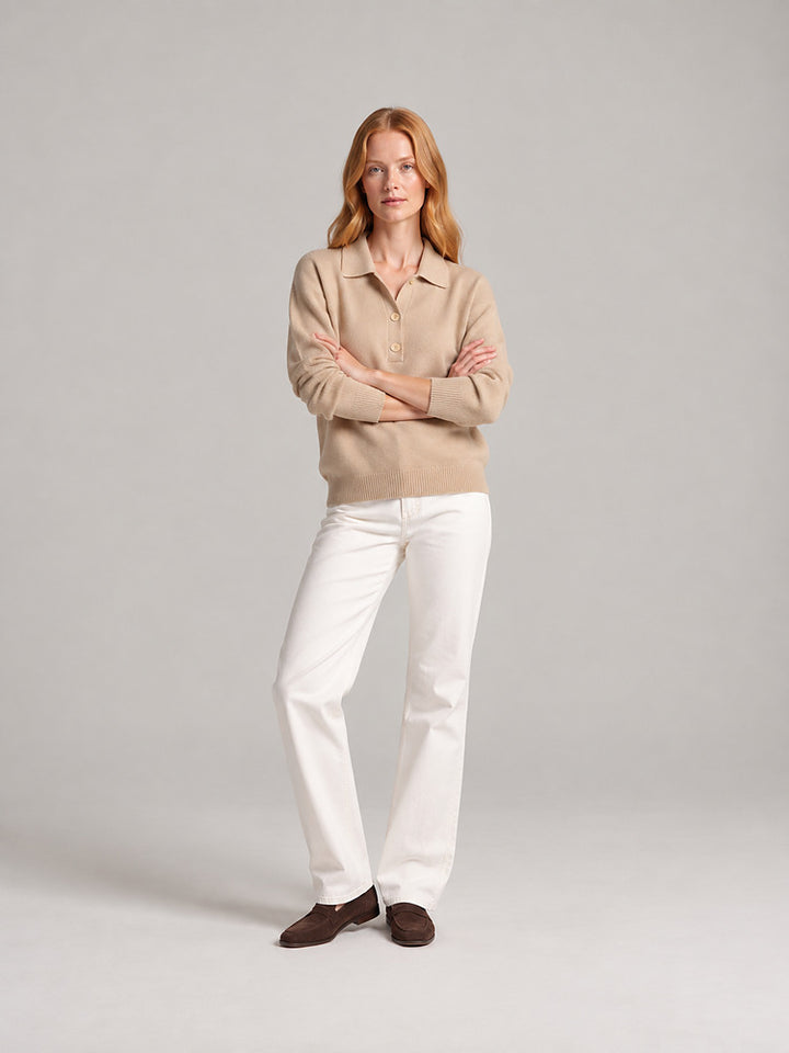 Women's knitted collared jumper with a button placket in beige
