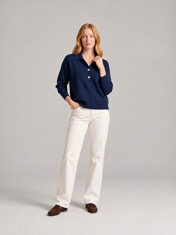 Women's knitted collared jumper with a button placket in navy